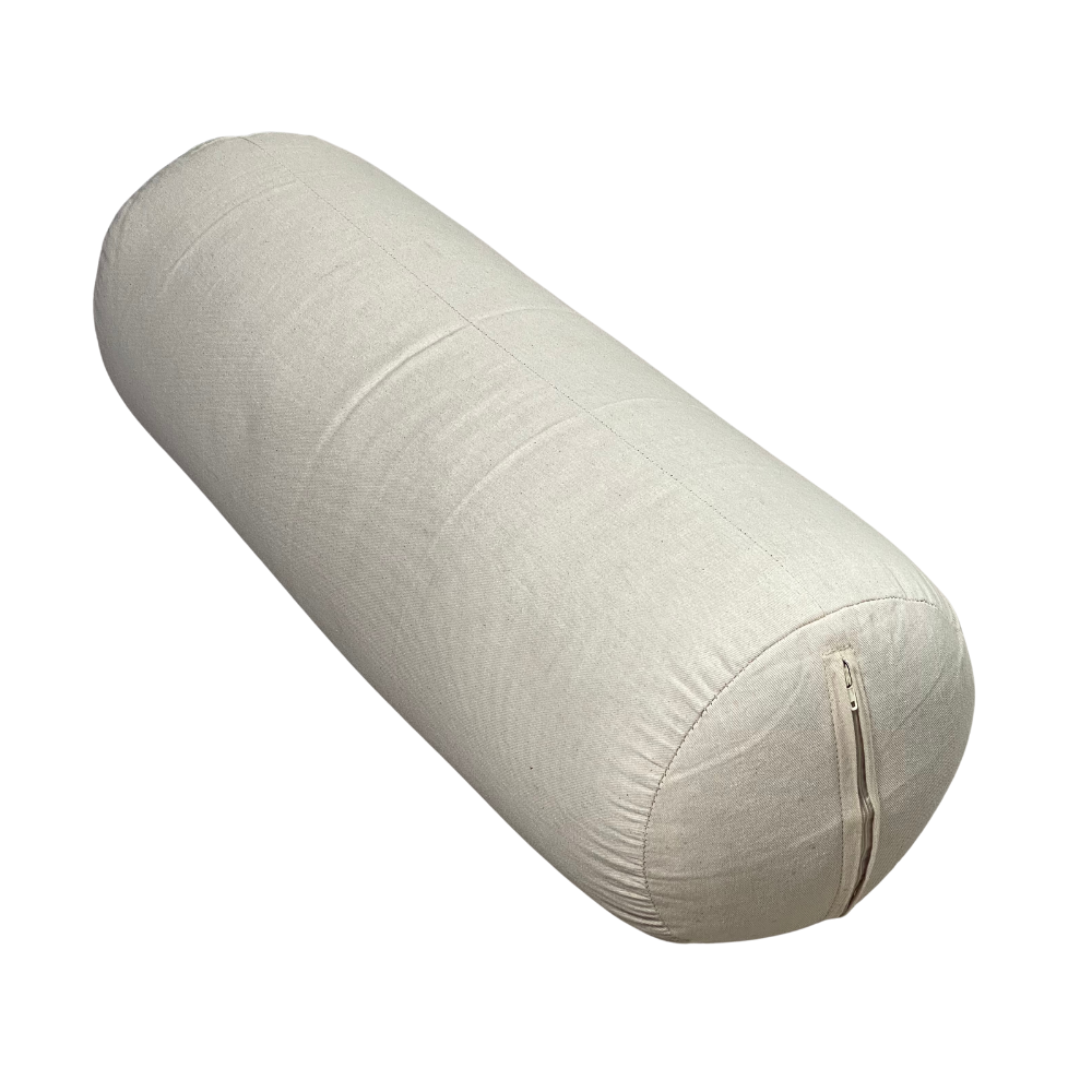 Yoga bolster inner without cover, filled with buckwheat hulls - shown with cotton zipped casing